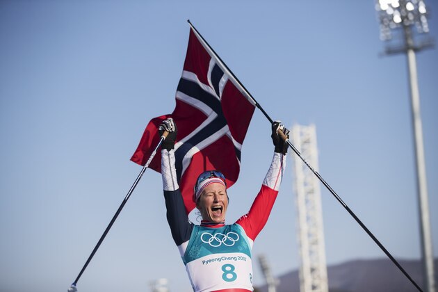PYEONGCHANG-GUN, SOUTH KOREA - FEBRUARY 25: Marit Bjoergen of Norway celebrates her gold during womens 30k Mass Start Classic Technique at Alpensia Cross-Country Centre on February 25, 2018 in Pyeongchang-gun, South Korea. (Photo by Nils Petter Nilsson/Getty Images)