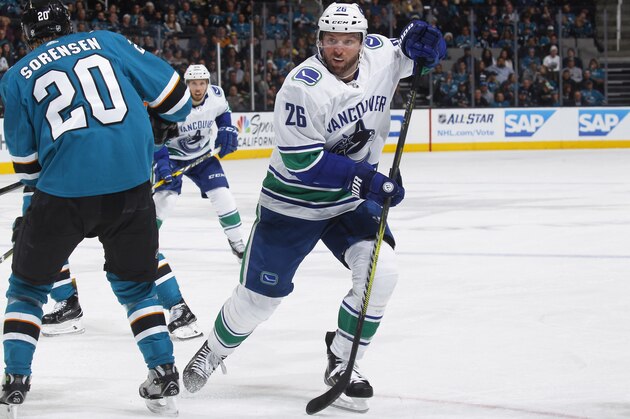 SAN JOSE, CA - DECEMBER 21: Thomas Vanek #26 of the Vancouver Canucks skates against the San Jose Sharks at SAP Center on December 21, 2017 in San Jose, California. (Photo by Rocky W. Widner/NHL/Getty Images)
