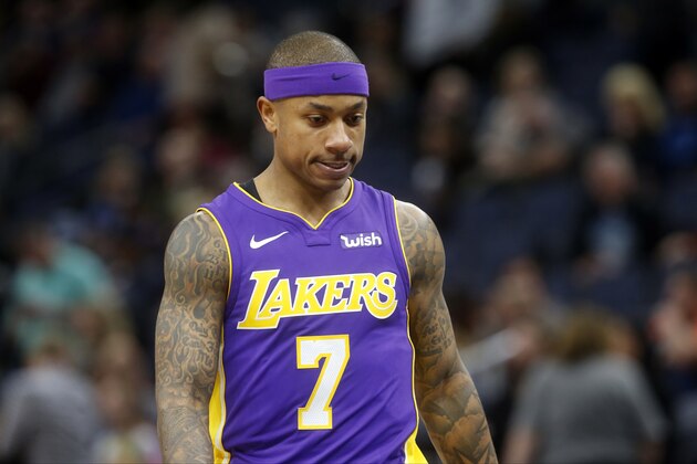 Los Angeles Lakers' Isaiah Thomas plays against the Minnesota Timberwolves in the first half of an NBA basketball game Thursday, Feb. 15, 2018, in Minneapolis. (AP Photo/Jim Mone)