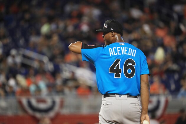 MIAMI, FL - JULY 09:  Domingo Acevedo #46 of the New York Yankees and the World Team delivers the pitch against the U.S. Team during the SiriusXM All-Star Futures Game at Marlins Park on July 9, 2017 in Miami, Florida.  (Photo by Mike Ehrmann/Getty Images)