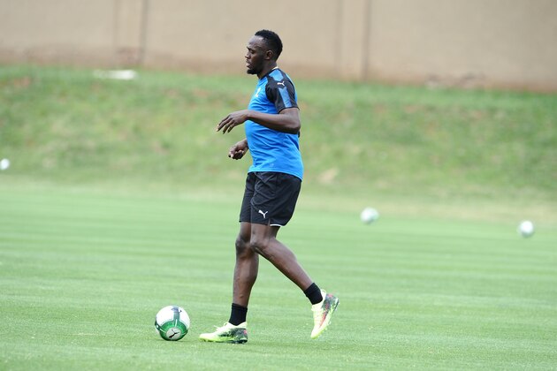 PRETORIA, SOUTH AFRICA - JANUARY 29:  Retired Jamaican athletic superstar Usain Bolt joins the Mamelodi Sundowns Training Session at Chloorkop on January 29, 2018 in Pretoria, South Africa. (Photo by Lefty Shivambu/Gallo Images/Getty Images)