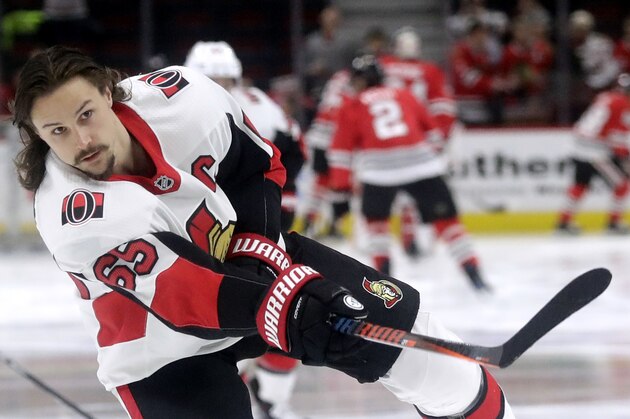 Ottawa Senators defenseman Erik Karlsson warms up before an NHL hockey game against the Chicago Blackhawks, Wednesday, Feb. 21, 2018, in Chicago. (AP Photo/Nam Y. Huh)