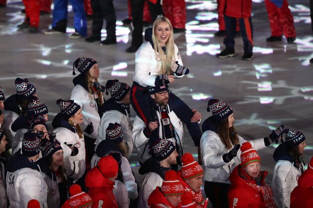 PYEONGCHANG-GUN, SOUTH KOREA - FEBRUARY 25:  Lindsey Vonn of the United States and Team USA walk in the Parade of Athletes during the Closing Ceremony of the PyeongChang 2018 Winter Olympic Games at PyeongChang Olympic Stadium on February 25, 2018 in Pyeongchang-gun, South Korea.  (Photo by Ryan Pierse/Getty Images)