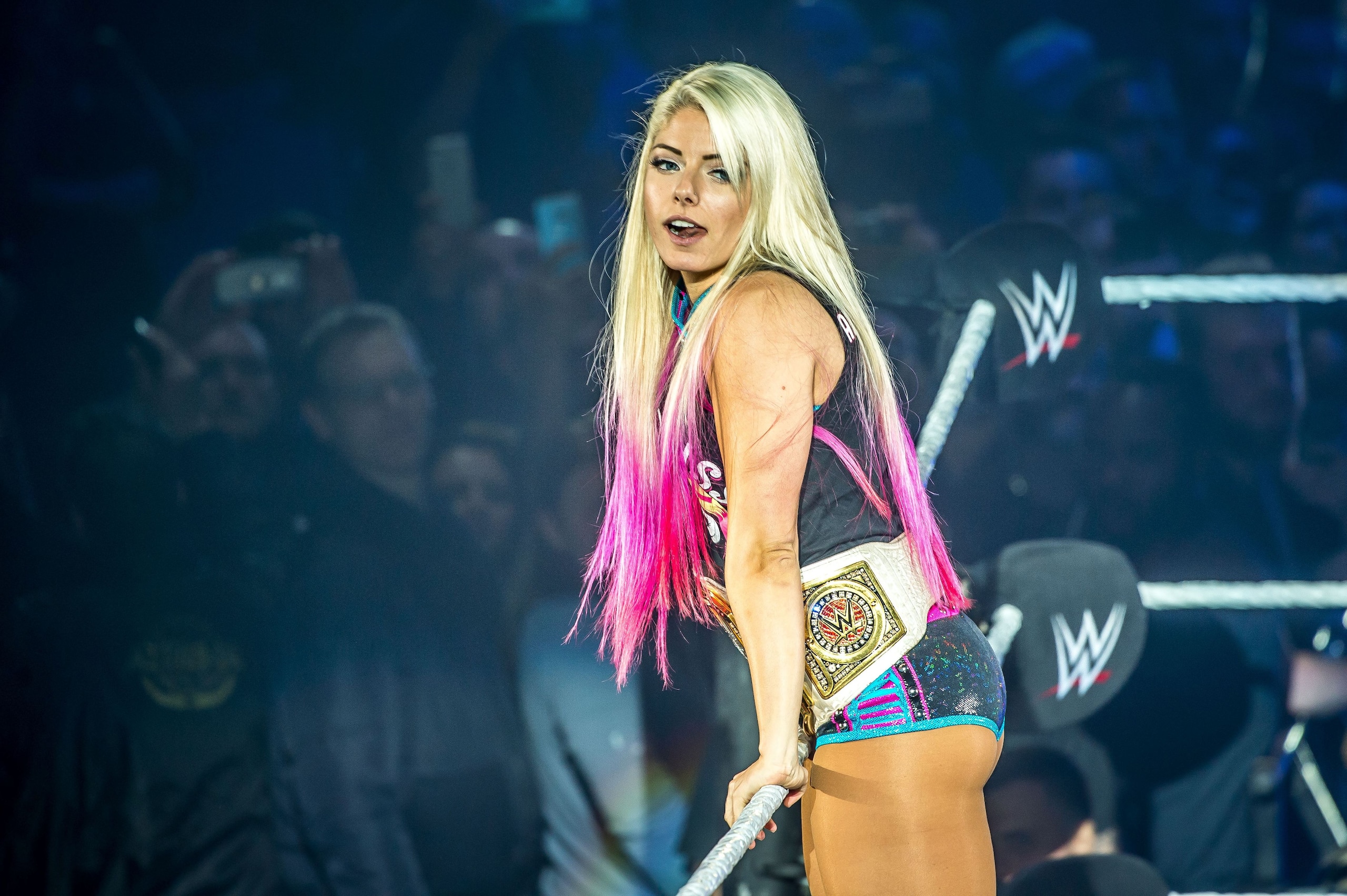 Alexa Bliss gestures in the ring during the WWE show at Zenith Arena on may 09, 2017 in Lille, France. / AFP PHOTO / PHILIPPE HUGUEN        (Photo credit should read PHILIPPE HUGUEN/AFP/Getty Images)
