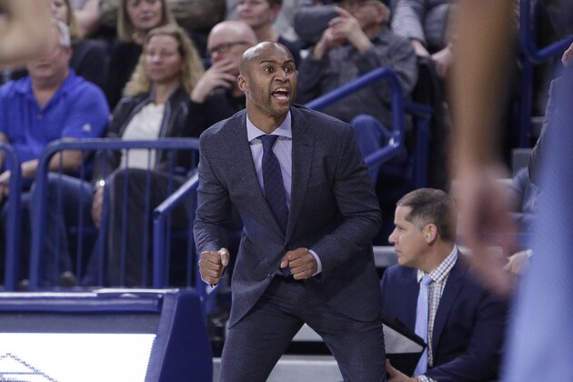 San Diego head coach Lamont Smith reacts during the first half of an NCAA college basketball game against Gonzaga in Spokane, Wash., Thursday, Feb. 1, 2018. (AP Photo/Young Kwak)