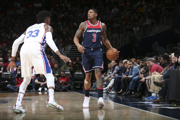 WASHINGTON, DC - FEBRUARY 25: Bradley Beal #3 of the Washington Wizards handles the ball against the Philadelphia 76ers on February 25, 2018 at Capital One Arena in Washington, DC. NOTE TO USER: User expressly acknowledges and agrees that, by downloading and or using this Photograph, user is consenting to the terms and conditions of the Getty Images License Agreement. Mandatory Copyright Notice: Copyright 2018 NBAE (Photo by Ned Dishman/NBAE via Getty Images)