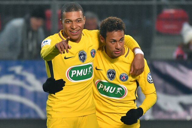 Paris Saint-Germain's Brazilian forward Neymar celebrates after scoring with Paris Saint-Germain's French forward Kylian Mbappe during the French cup football match Rennes vs Paris SG at the Roazhon Park in Rennes, on January 7, 2018. / AFP PHOTO / LOIC VENANCE (Photo credit should read LOIC VENANCE/AFP/Getty Images) Paris Saint-Germain's Brazilian forward Neymar celebrates after scoring with Paris Saint-Germain's French forward Kylian Mbappe during the French cup football match Rennes vs Paris SG at the Roazhon Park in Rennes, on January 7, 2018. / AFP PHOTO / LOIC VENANCE (Photo credit should read LOIC VENANCE/AFP/Getty Images)