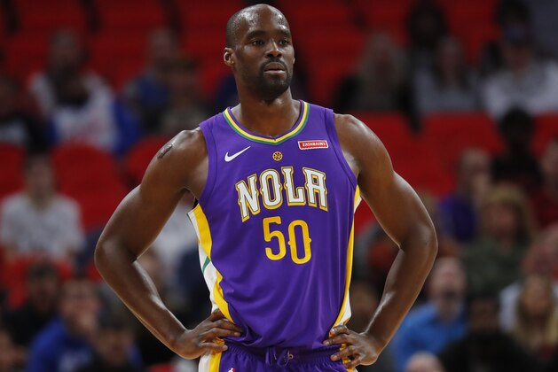 New Orleans Pelicans center Emeka Okafor (50) plays against the Detroit Pistons in the first half of an NBA basketball game in Detroit, Monday, Feb. 12, 2018. (AP Photo/Paul Sancya)