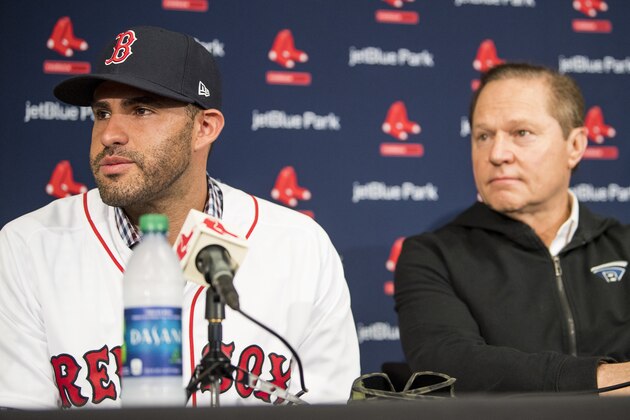 FT. MYERS, FL - FEBRUARY 26: J.D. Martinez #28 of the Boston Red Sox reacts with agent Scott Boras as he speaks during a press conference announcing his signing on February 26, 2018 at jetBlue Park at Fenway South in Fort Myers, Florida . (Photo by Billie Weiss/Boston Red Sox/Getty Images)