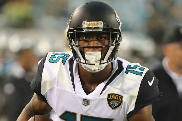 JACKSONVILLE, FL - AUGUST 24:  Allen Robinson #15 of the Jacksonville Jaguars warms up during a preseason game against the Carolina Panthers at EverBank Field on August 24, 2017 in Jacksonville, Florida.  (Photo by Sam Greenwood/Getty Images)