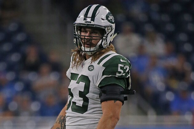 DETROIT, MI - AUGUST 19: Dylan Donahue #53 of the New York Jets gets ready for the play during the third quarter of the preseason game against the Detroit Lions on August 19, 2017 at Ford Field in Detroit, Michigan. The Lions defeated the Jets 16-6. (Photo by Leon Halip/Getty Images)