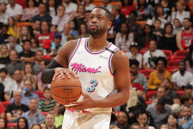 MIAMI, FL - FEBRUARY 24: Dwyane Wade #3 of the Miami Heat looks to pass the ball during the game against the Memphis Grizzlies on February 24, 2018 at American Airlines Arena in Miami, Florida. NOTE TO USER: User expressly acknowledges and agrees that, by downloading and or using this Photograph, user is consenting to the terms and conditions of the Getty Images License Agreement. Mandatory Copyright Notice: Copyright 2018 NBAE (Photo by Oscar Baldizon/NBAE via Getty Images)