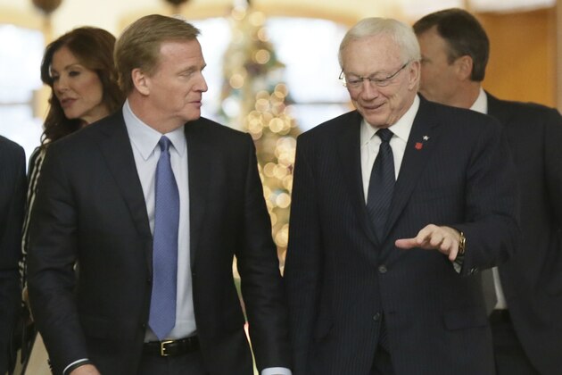 NLF Commissioner Roger Goodell, left, chats with Dallas Cowboys owner Jerry Jones during the NFL owners winter meeting in Irving, Texas, Wednesday, Dec. 13, 2017. (AP Photo/LM Otero)