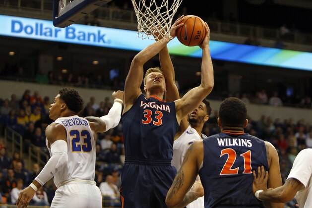 PITTSBURGH, PA - FEBRUARY 24:  Jack Salt #33 of the Virginia Cavaliers battles against the Pittsburgh Panthers at Petersen Events Center on February 24, 2018 in Pittsburgh, Pennsylvania.  (Photo by Justin K. Aller/Getty Images)