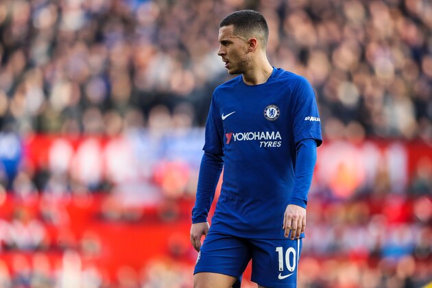 MANCHESTER, ENGLAND - FEBRUARY 25: Eden Hazard of Chelsea during the Premier League match between Manchester United and Chelsea at Old Trafford on February 25, 2018 in Manchester, England. (Photo by Matthew Ashton - AMA/Getty Images)