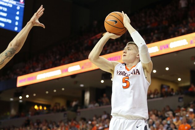 CHARLOTTESVILLE, VA - FEBRUARY 21: Kyle Guy #5 of the Virginia Cavaliers shoots in the second half during a game against the Georgia Tech Yellow Jackets at John Paul Jones Arena on February 21, 2018 in Charlottesville, Virginia. Virginia defeated Georgia Tech 65-54. (Photo by Ryan M. Kelly/Getty Images)