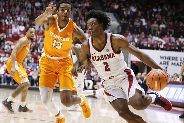 Alabama guard Collin Sexton drives the ball to the basket against Tennessee during the second half of an NCAA college basketball game on Saturday, Feb. 10, 2018, in Tuscaloosa, Ala. Alabama won 78-50. (AP Photo/Brynn Anderson)