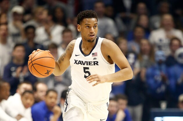 CINCINNATI, OH - FEBRUARY 14:  Trevon Bluiett #5 of the Xavier Musketeers dribbles the ball against the Seton Hall Pirates during the game at Cintas Center on February 14, 2018 in Cincinnati, Ohio.  (Photo by Andy Lyons/Getty Images)
