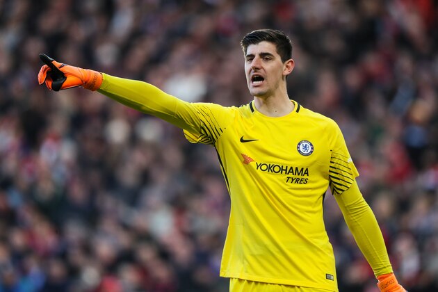 MANCHESTER, ENGLAND - FEBRUARY 25: Thibaut Courtois of Chelsea points during the Premier League match between Manchester United and Chelsea at Old Trafford on February 25, 2018 in Manchester, England. (Photo by Matthew Ashton - AMA/Getty Images)