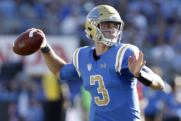 FILE - In this Sept. 9, 2017, file photo, UCLA quarterback Josh Rosen (3) passes the ball against Hawaii during the second half of an NCAA college football game in Pasadena, Calif. Quarterbacks Sam Darnold, Lamar Jackson and Josh Rosen are among the record 106 underclassmen given special entry to the NFL draft, making it four of the last five seasons in which at least 95 players have declared early. The NFL released Friday, Jan. 19, 2018, the official list of college players who have requested early entry.  (AP Photo/Alex Gallardo, File)