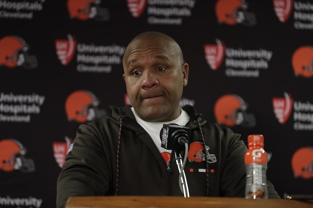 Cleveland Browns head coach Hue Jackson talks to the media after an NFL football game against the Chicago Bears in Chicago, Sunday, Dec. 24, 2017. Cleveland loss 20-3. (AP Photo/Charles Rex Arbogast)