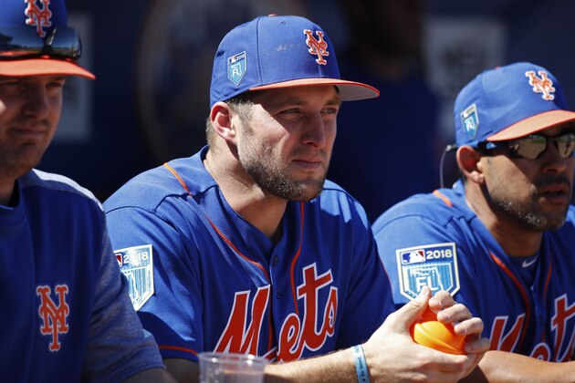 PORT ST. LUCIE, FL - FEBRUARY 24: Tim Tebow #83 of the New York Mets looks on before a Grapefruit League spring training game against the St. Louis Cardinals at First Data Field on February 24, 2018 in Port St. Lucie, Florida. The Cardinals won 10-5. (Photo by Joe Robbins/Getty Images)