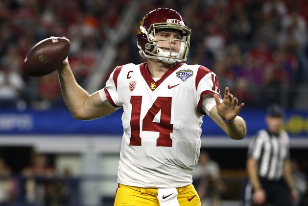ARLINGTON, TX - DECEMBER 29: Sam Darnold #14 of the USC Trojans looks to throw against the Ohio State Buckeyes in the first half of the 82nd Goodyear Cotton Bowl Classic between USC and Ohio State at AT&T Stadium on December 29, 2017 in Arlington, Texas. (Photo by Ron Jenkins/Getty Images)