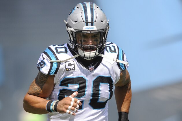 FILE - In this Sept. 17, 2017, file photo, Carolina Panthers free safety Kurt Coleman (20) runs onto the field before the start of an NFL football game against the Buffalo Bills, in Charlotte, N.C. Atlanta Falcons wide receiver Julio Jones dropped a touchdown pass on Sunday against the Panthers, but was surprised when Carolina safety Kurt Coleman came over to offer encouraging words to him. (AP Photo/Mike McCarn, File)