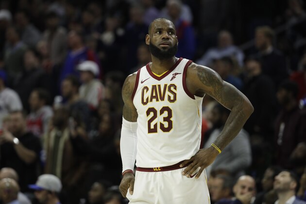 Cleveland Cavaliers' LeBron James in action during an NBA basketball game against the Philadelphia 76ers, Monday, Nov. 27, 2017, in Philadelphia. (AP Photo/Matt Slocum)