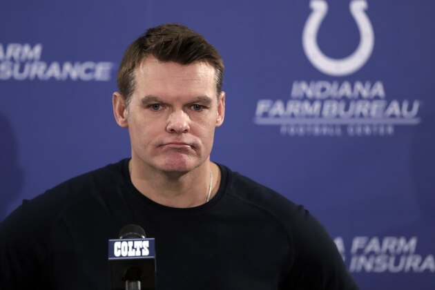 Indianapolis Colts general manager Chris Ballard answers questions during a press conference at the NFL football team's practice facility in Indianapolis, Wednesday, Feb. 7, 2018. (AP Photo/Michael Conroy)