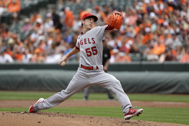 Los Angeles Angels starting pitcher Tim Lincecum throws to the Baltimore Orioles during a baseball game in Baltimore, Sunday, July 10, 2016. (AP Photo/Patrick Semansky)