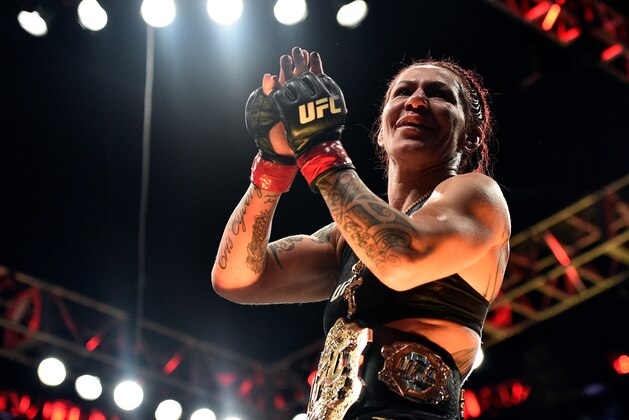 LAS VEGAS, NV - DECEMBER 30:  Cris Cyborg of Brazil celebrates after her victory over Holly Holm in their women's featherweight bout during the UFC 219 event inside T-Mobile Arena on December 30, 2017 in Las Vegas, Nevada. (Photo by Brandon Magnus/Zuffa LLC/Zuffa LLC via Getty Images)
