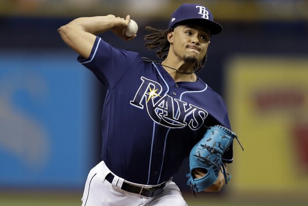 Tampa Bay Rays' Chris Archer pitches to the Baltimore Orioles during the first inning of a baseball game Saturday, Sept. 30, 2017, in St. Petersburg, Fla. (AP Photo/Chris O'Meara)
