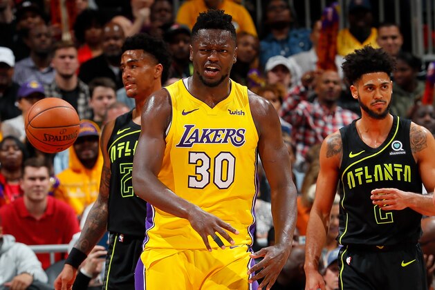 ATLANTA, GA - FEBRUARY 26:  Julius Randle #30 of the Los Angeles Lakers reacts after drawing a foul on a basket against the Atlanta Hawks at Philips Arena on February 26, 2018 in Atlanta, Georgia.  NOTE TO USER: User expressly acknowledges and agrees that, by downloading and or using this photograph, User is consenting to the terms and conditions of the Getty Images License Agreement.  (Photo by Kevin C. Cox/Getty Images)