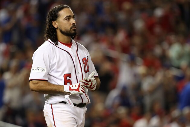 WASHINGTON, DC - OCTOBER 06: Anthony Rendon #6 of the Washington Nationals reacts after striking out against the Chicago Cubs in the 8th inning during game one of the National League Division Series at Nationals Park on October 6, 2017 in Washington, DC. (Photo by Win McNamee/Getty Images)