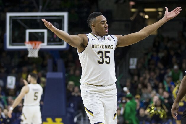 Notre Dame's Bonzie Colson (35) celebrates after his team went on a big run during the second half of an NCAA college basketball game against Georgia Tech, Saturday, Dec. 30, 2017, in South Bend, Ind. (AP Photo/Robert Franklin)