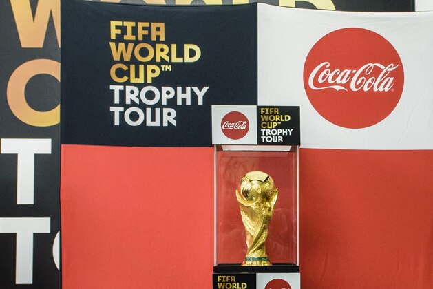 A picture taken on February 16, 2018 shows the official FIFA World Cup Trophy on display during an official ceremony at the old airport of the coastal Cypriot city of Larnaca, during the international FIFA World Cup Trophy Tour. / AFP PHOTO / Iakovos Hatzistavrou        (Photo credit should read IAKOVOS HATZISTAVROU/AFP/Getty Images)