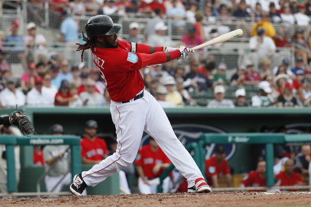 Boston Red Sox' Hanley Ramirez flies out in the fourth inning of a spring training baseball game against the Minnesota Twins, Friday, Feb. 23, 2018, in Fort Myers, Fla. (AP Photo/John Minchillo)