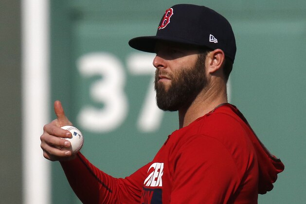 Boston Red Sox second baseman Dustin Pedroia gives a thumbs-up during a workout, Saturday, Oct. 7, 2017, as the team prepares for Sunday's Game 3 of baseball's American League Division Series against the Houston Astros in Boston. (AP Photo/Bill Sikes) Boston Red Sox second baseman Dustin Pedroia gives a thumbs-up during a workout, Saturday, Oct. 7, 2017, as the team prepares for Sunday's Game 3 of baseball's American League Division Series against the Houston Astros in Boston. (AP Photo/Bill Sikes)