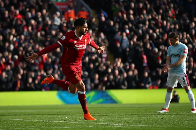 LIVERPOOL, ENGLAND - FEBRUARY 24:  Emre Can of Liverpool celebrates scoring his side's first goal during the Premier League match between Liverpool and West Ham United at Anfield on February 24, 2018 in Liverpool, England.  (Photo by Clive Brunskill/Getty Images)
