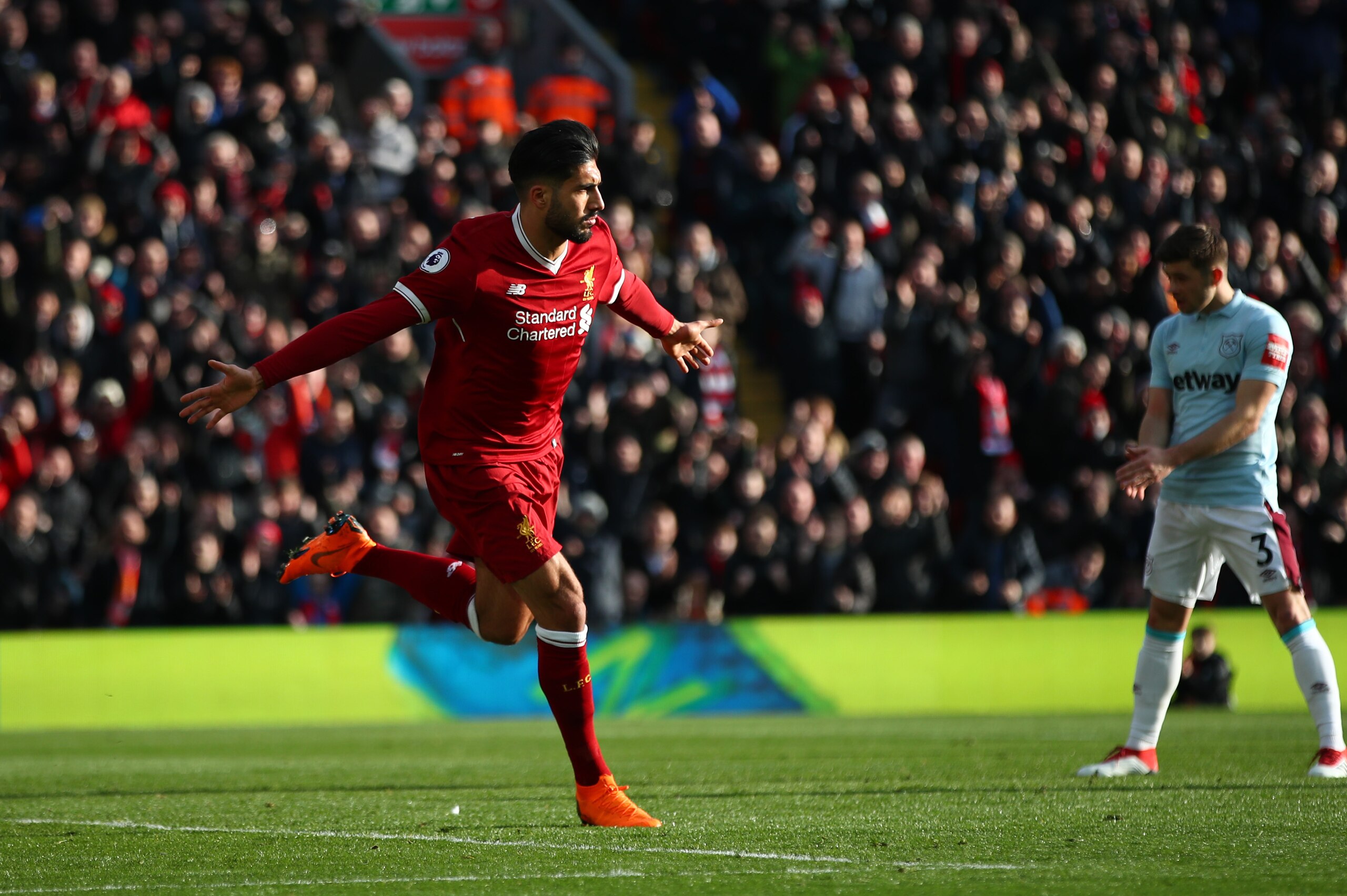 LIVERPOOL, ENGLAND - FEBRUARY 24: Emre Can of Liverpool celebrates scoring his side's first goal during the Premier League match between Liverpool and West Ham United at Anfield on February 24, 2018 in Liverpool, England. (Photo by Clive Brunskill/Getty Images) LIVERPOOL, ENGLAND - FEBRUARY 24: Emre Can of Liverpool celebrates scoring his side's first goal during the Premier League match between Liverpool and West Ham United at Anfield on February 24, 2018 in Liverpool, England. (Photo by Clive Brunskill/Getty Images)