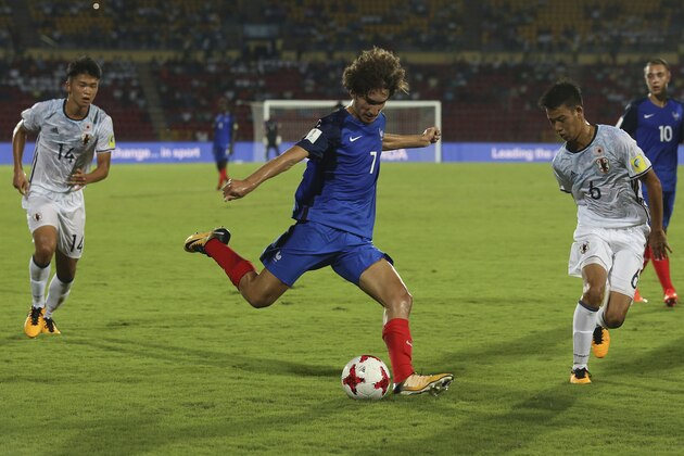 France's Yacine Adli, 7, controls the ball during the FIFA U-17 World Cup match against Japan in Gauhati, India, Wednesday, Oct.11, 2017. (AP Photo/Anupam Nath)