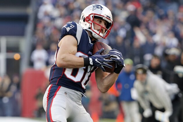 New England Patriots wide receiver Danny Amendola catches a pass against the Jacksonville Jaguars during the AFC Championship NFL football game at Gillette Stadium in Foxborough, Mass. Sunday, Jan. 21, 2018. (AP Photo/Winslow Townson)