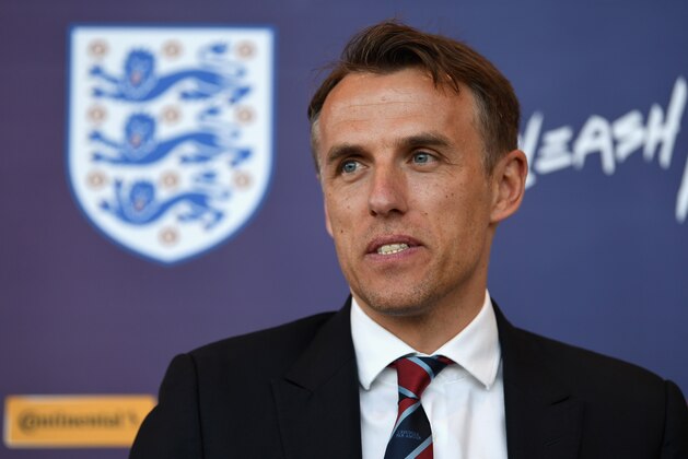 BURTON-UPON-TRENT, ENGLAND - JANUARY 29:  Head Coach of England Women, Phil Neville speaks during a England Women's Press Conference at St Georges Park on January 29, 2018 in Burton-upon-Trent, England.  (Photo by Gareth Copley/Getty Images)