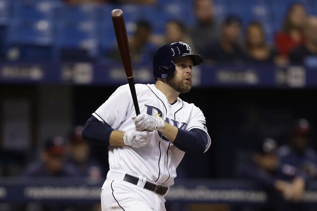 Tampa Bay Rays' Lucas Duda lines an RBI double off Minnesota Twins pitcher Bartolo Colon during the sixth inning of a baseball game Tuesday, Sept. 5, 2017, in St. Petersburg, Fla. Rays' Evan Longoria scored. (AP Photo/Chris O'Meara)