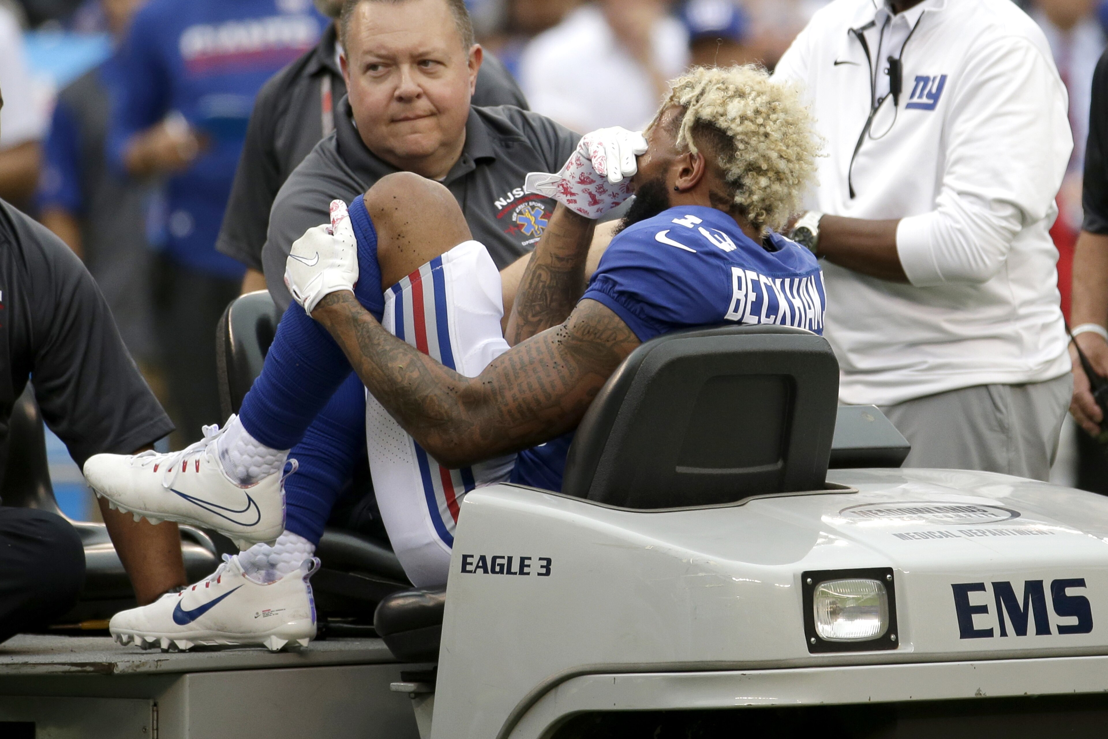 New York Giants wide receiver Odell Beckham is take off the field on a cart after an injury during the second half of an NFL football game against the Los Angeles Chargers, Sunday, Oct. 8, 2017, in East Rutherford, N.J. (AP Photo/Seth Wenig) New York Giants wide receiver Odell Beckham is take off the field on a cart after an injury during the second half of an NFL football game against the Los Angeles Chargers, Sunday, Oct. 8, 2017, in East Rutherford, N.J. (AP Photo/Seth Wenig)