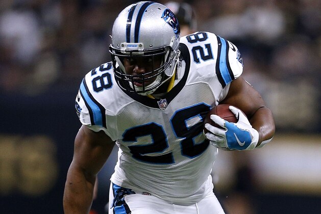 NEW ORLEANS, LA - JANUARY 07:  Jonathan Stewart #28 of the Carolina Panthers runs with the ball during the NFC Wild Card playoff game against the New Orleans Saints at the Mercedes-Benz Superdome on January 7, 2018 in New Orleans, Louisiana.  (Photo by Jonathan Bachman/Getty Images)