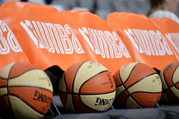SAN ANTONIO, TX - APRIL 29: Close up view of the WNBA logo before the game between the San Antonio Stars and the Dallas Wings during the WNBA Preseason on April 29, 2017 at the AT&T Center in San Antonio, Texas. NOTE TO USER: User expressly acknowledges and agrees that, by downloading and or using this photograph, user is consenting to the terms and conditions of the Getty Images License Agreement. Mandatory Copyright Notice: Copyright 2017 NBAE (Photos by Mark Sobhani/NBAE via Getty Images)