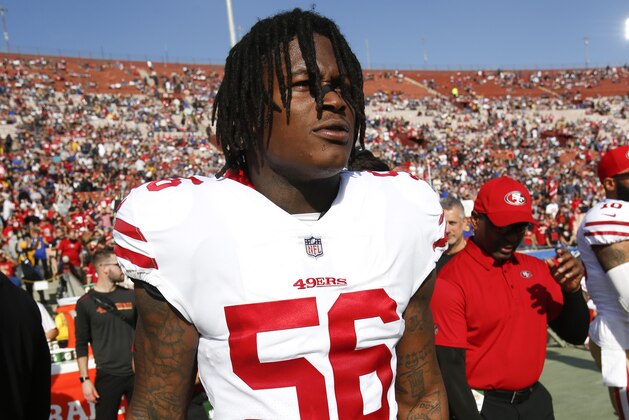 LOS ANGELES, CA - DECEMBER 31: Reuben Foster #56 of the San Francisco 49ers stands on the sideline prior to the game against the Los Angeles Rams at Los Angeles Memorial Coliseum on December 31, 2017 in Los Angeles, California. The 49ers defeated the Rams 34-13. (Photo by Michael Zagaris/San Francisco 49ers/Getty Images)