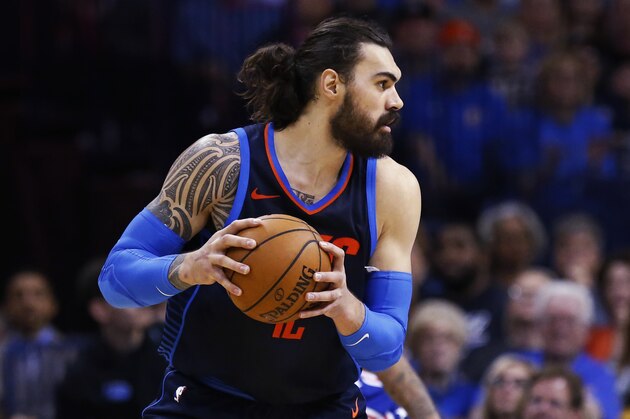 Oklahoma City Thunder center Steven Adams during an NBA basketball game against the Philadelphia 76ers in Oklahoma City, Sunday, Jan. 28, 2018. (AP Photo/Sue Ogrocki)